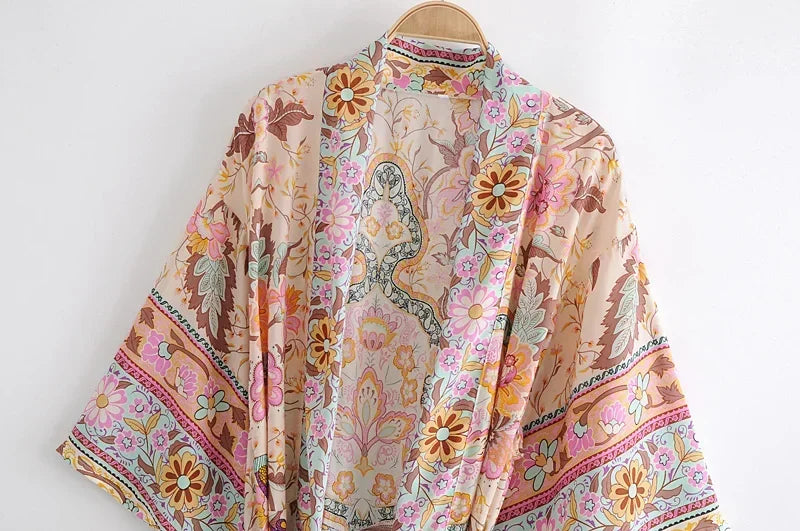 Floral Print Bat Sleeve Kimono Robe with Tassel Belt