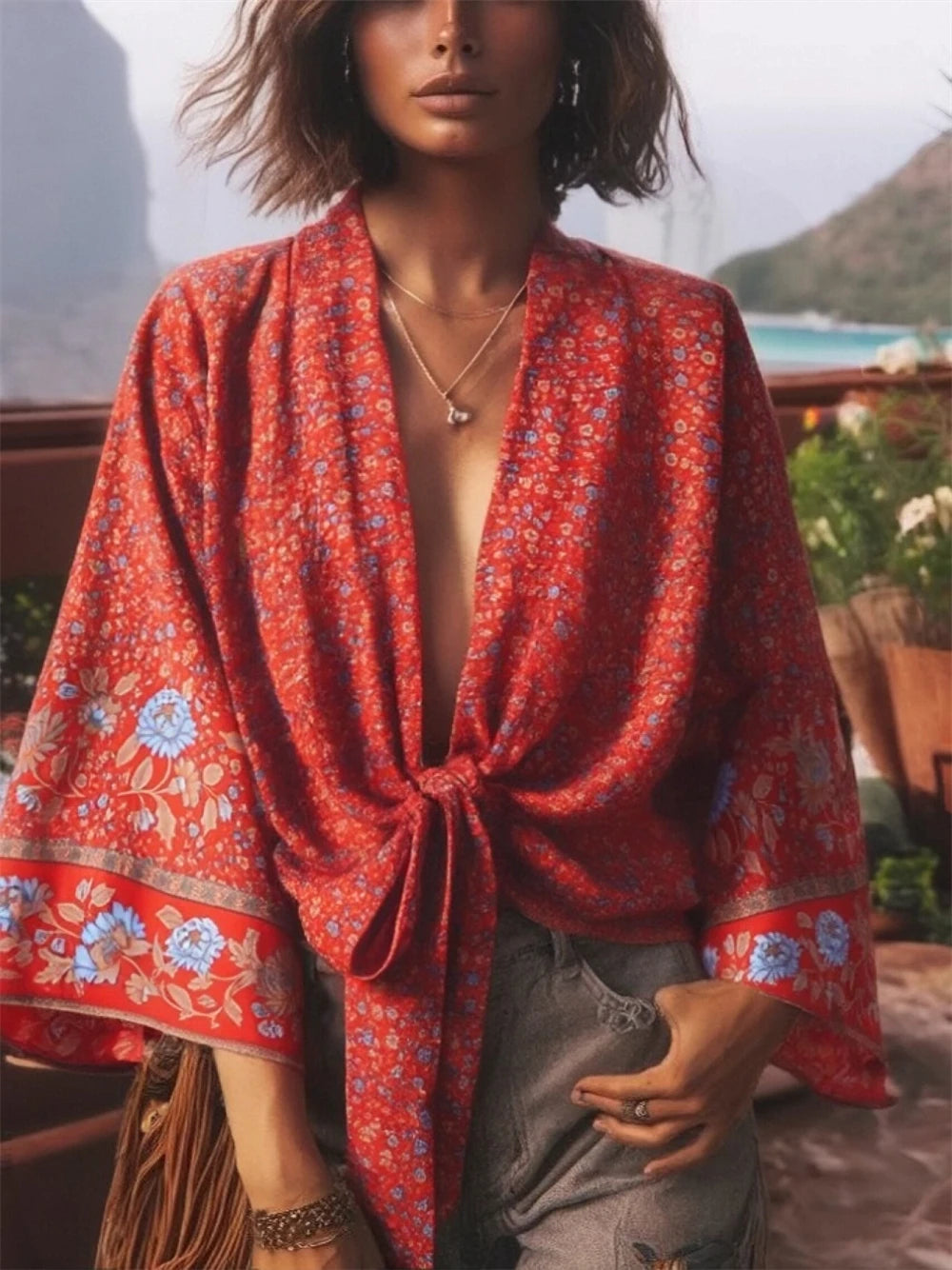 Floral Rayon Boho Kimono Beach Cover-Up
