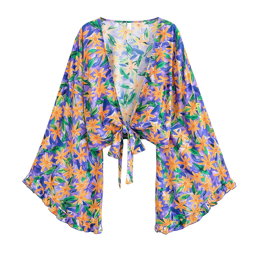 Floral Tie-Front Short Kimono Cover-Up