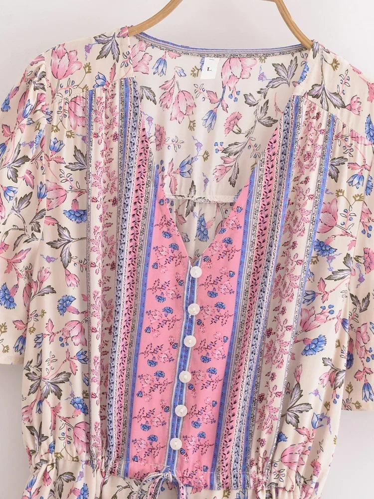 Boho Floral Button V-Neck Ruffle Sleeve Maxi Dress