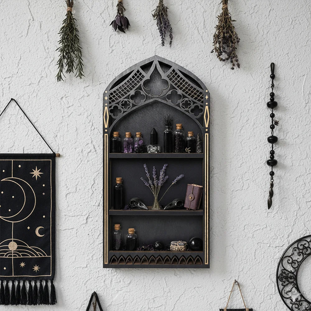 Gothic Arch Wall Cabinet – Wooden Crystal Display Case & Altar Organizer