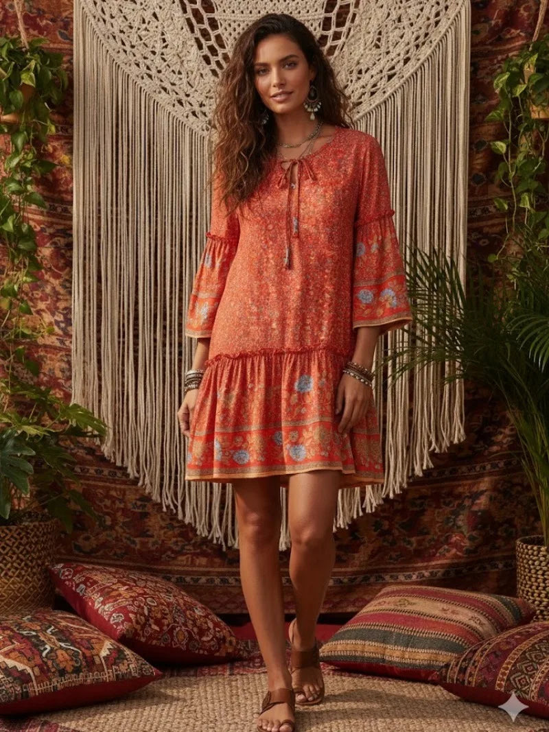 Wild Floral Tie-Neck Ruffle Boho Mini Dress
