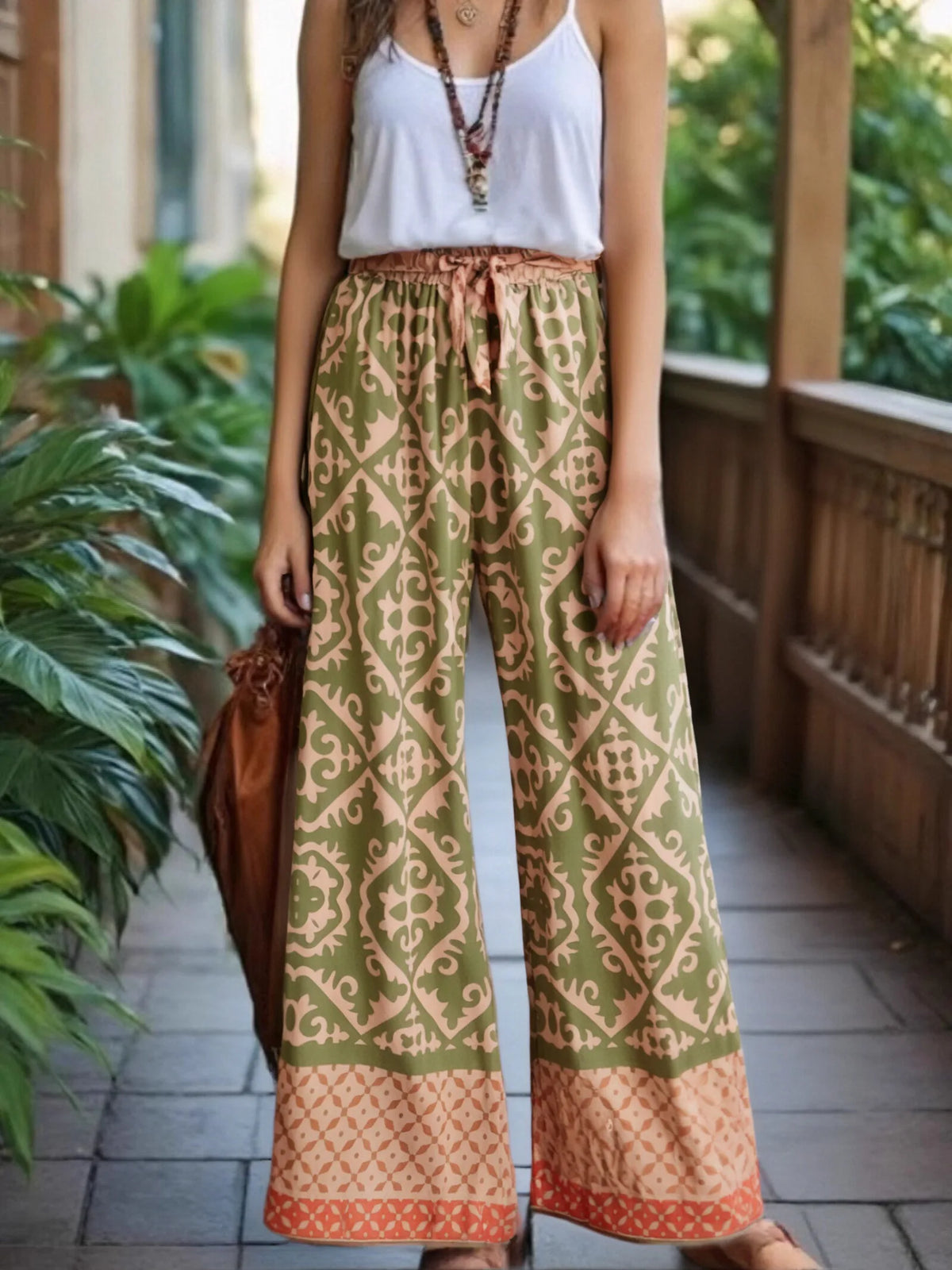 Geometric Floral Print Wide-Leg Boho Pants with Pockets