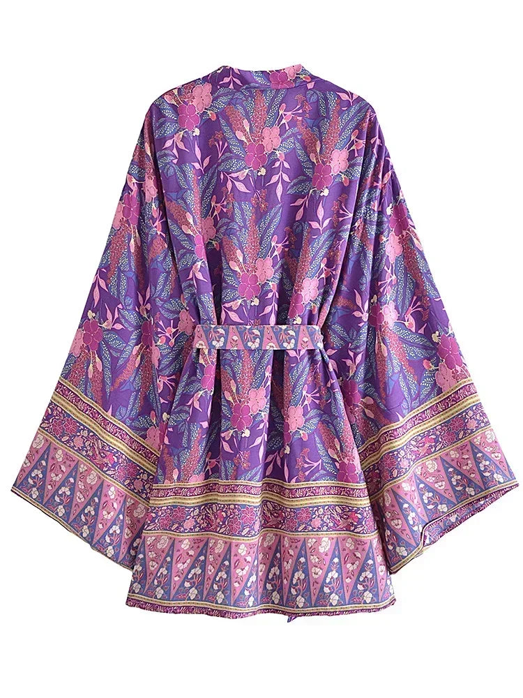 Purple Paisley Short Kimono Robe