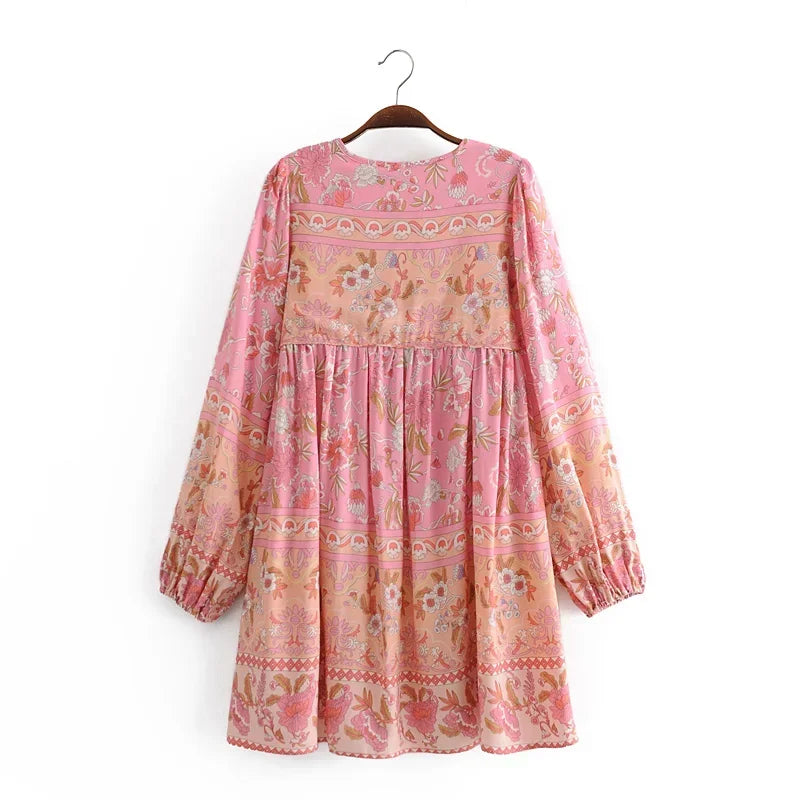 Tassel Tie Floral Lantern Sleeve Mini Dress