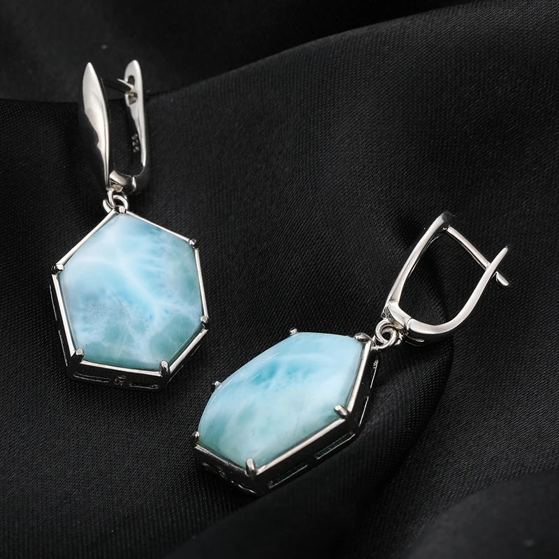 Larimar Hexagon Drop Earrings, 925 Sterling Silver