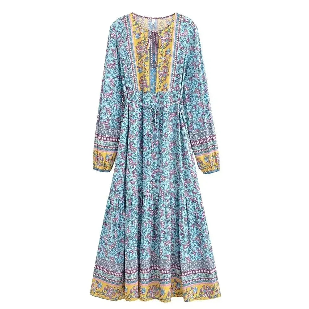 Boho Floral Maxi Dress with Long Sleeves