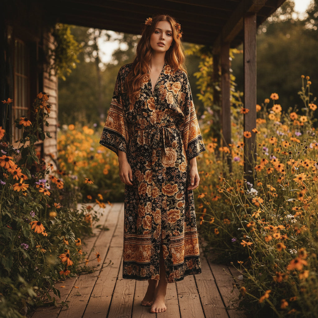 Boho Dark Floral Maxi Kimono Robe with Sash