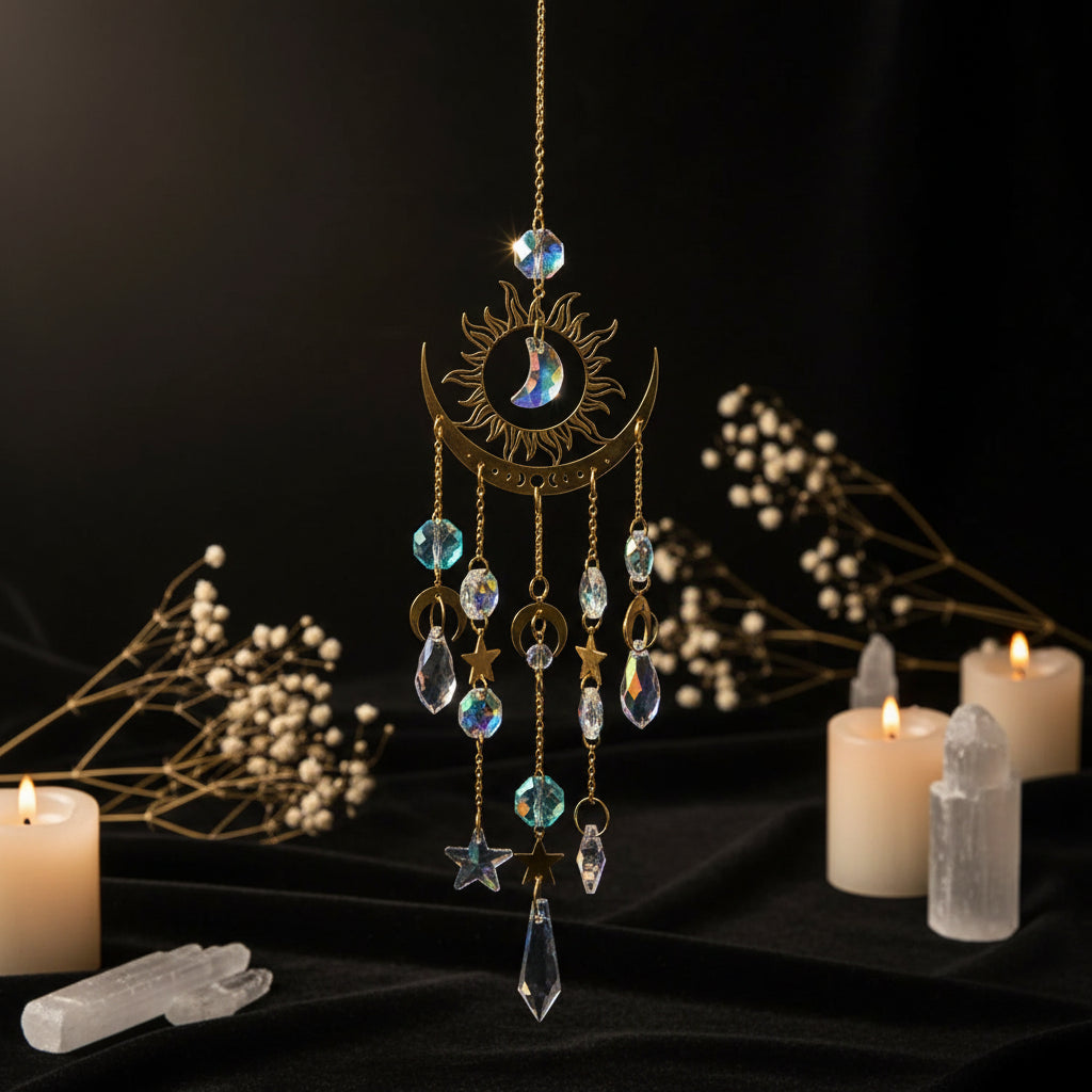 Star & Moon Suncatcher Pendant | Celestial Crystal Rainbow Maker for Windows & Gardens