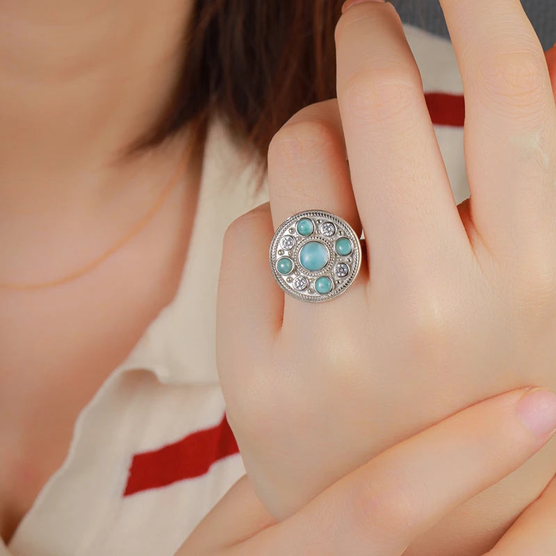 Larimar Vintage Medallion Ring in 925 Sterling Silver
