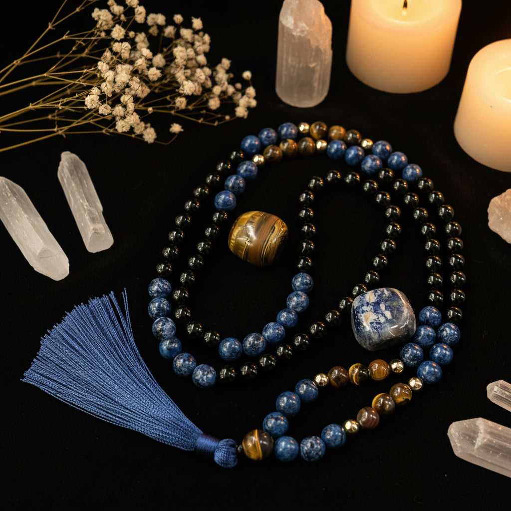Tiger Eye & Black Onyx 108 Mala Bead Necklace | Meditation Prayer Rosary
