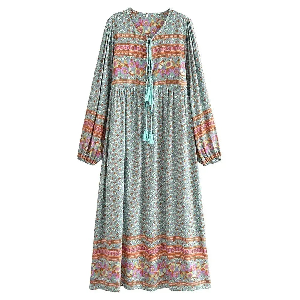 Boho Ethnic Floral Lantern Sleeve Maxi Dress