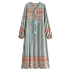Boho Ethnic Floral Lantern Sleeve Maxi Dress