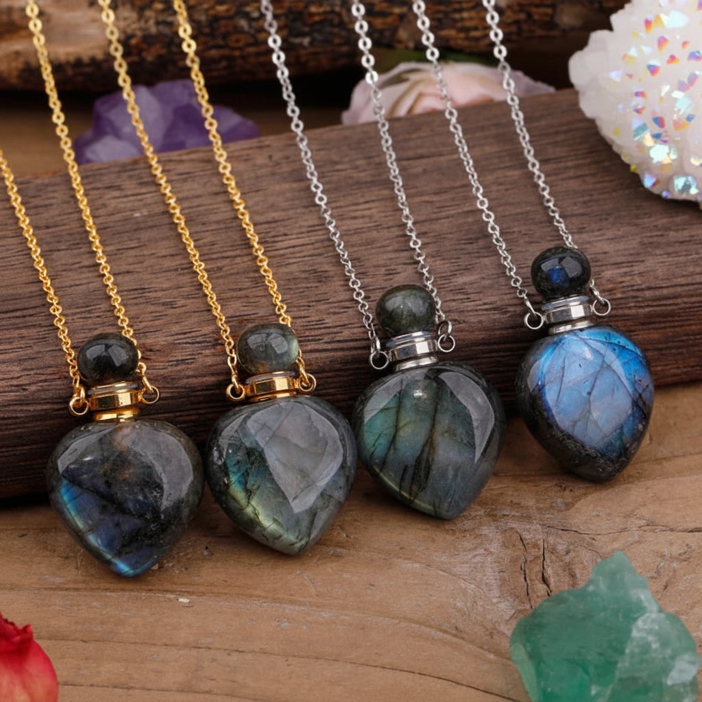 Natural Gemstone Perfume Bottle Pendant Necklace — Crystal Healing Jewelry