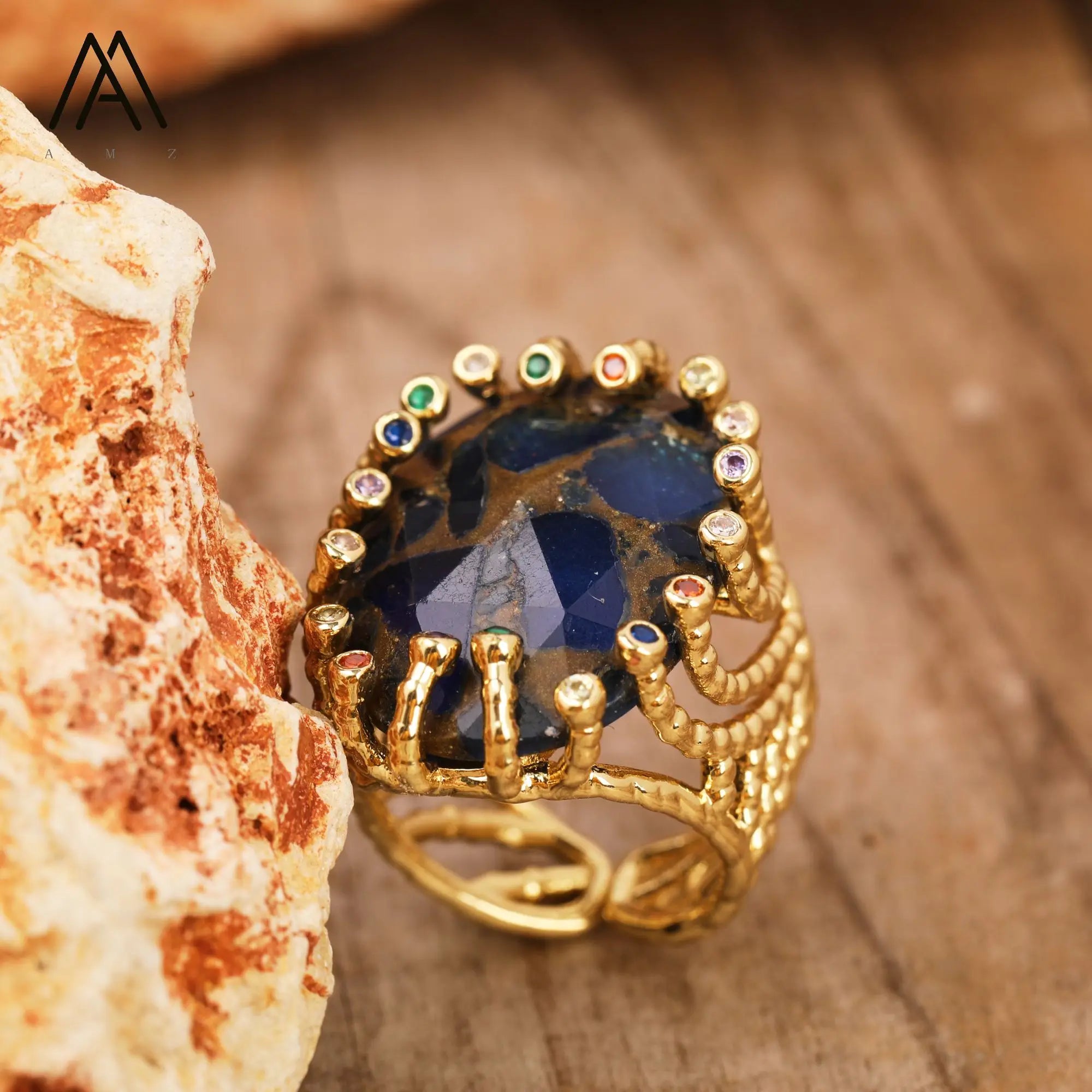 18K Gold-Plated Natural Gemstone Statement Ring – Healing Crystal Jewelry