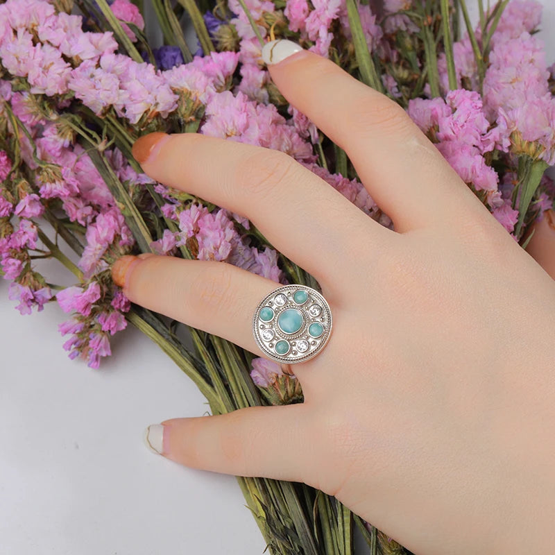 Larimar Vintage Medallion Ring in 925 Sterling Silver