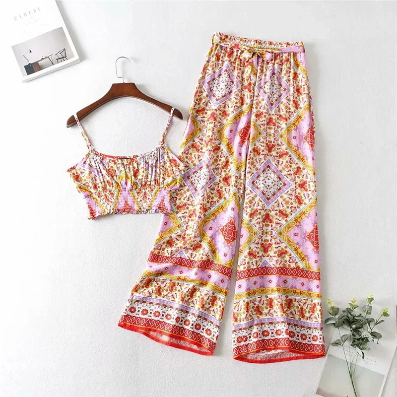 Boho Floral Smocked Cami & Wide-Leg Pants Set