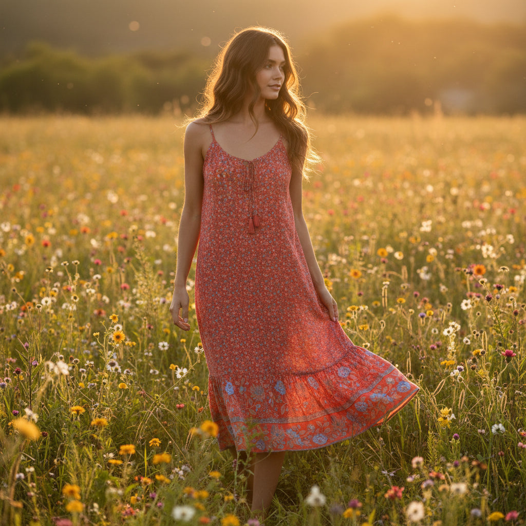 Floral Border Spaghetti Strap Boho Midi Dress