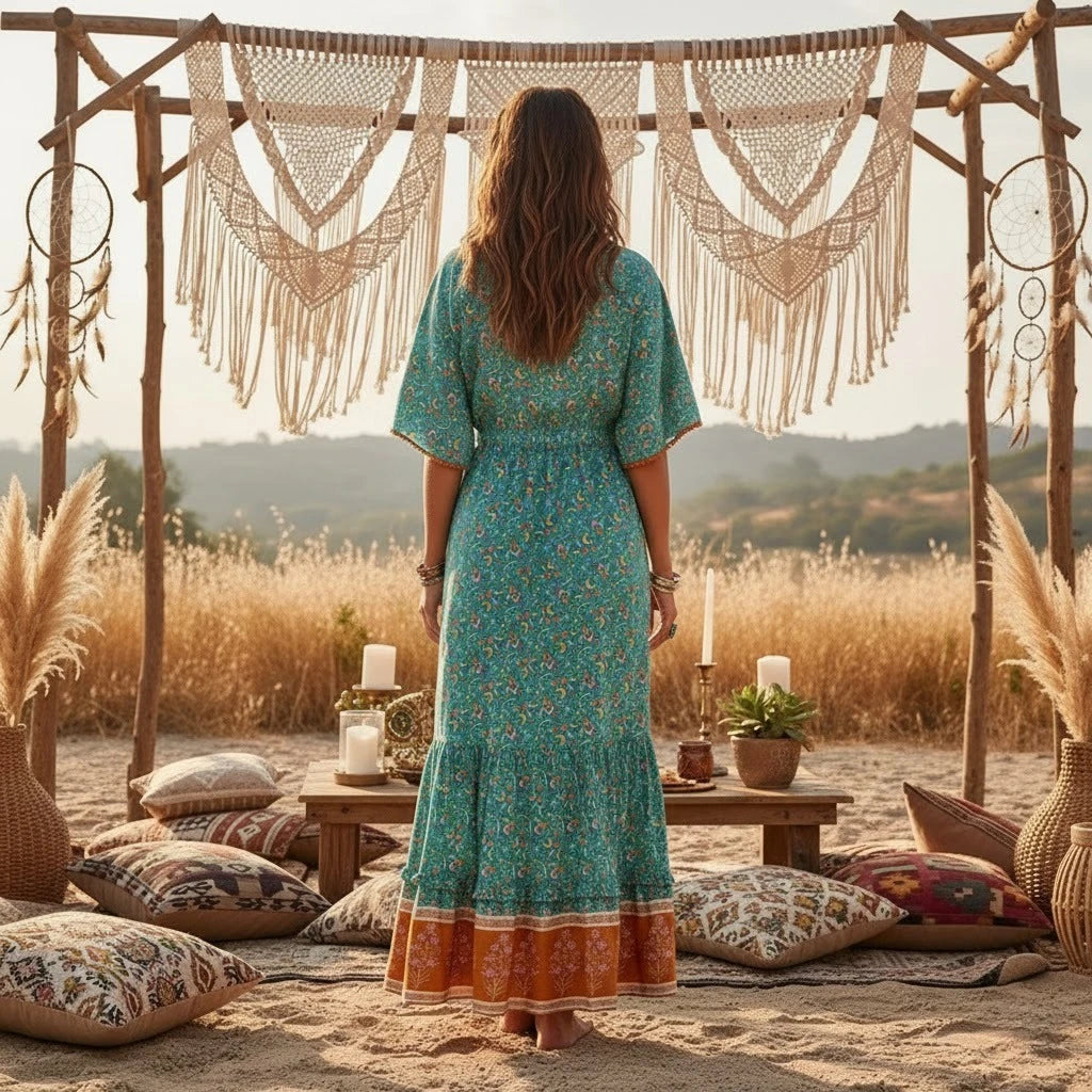 Floral Print Batwing Sleeve Boho Maxi Dress with Tassel