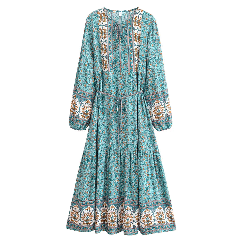 Boho Floral Maxi Dress with Long Sleeves