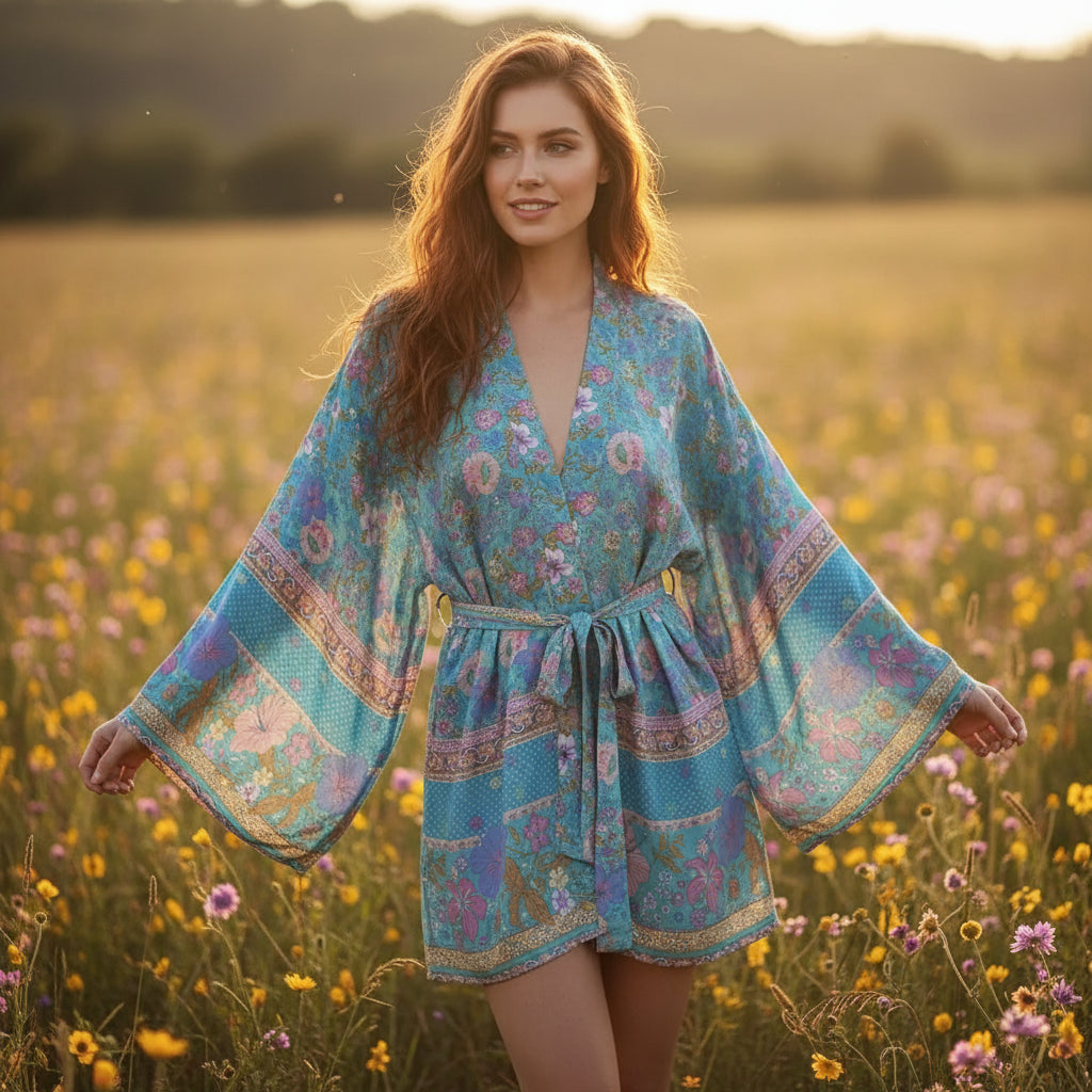 Boho Pastel Fantasy Floral Short Kimono Robe