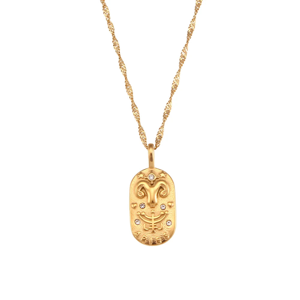 Zodiac Tag Pendant Necklace — 18K Gold Embossed Star Sign