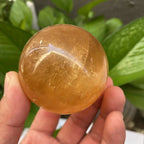 Natural Citrine Calcite Quartz Crystal Sphere — Healing Gemstone Ball with Wood Bracket