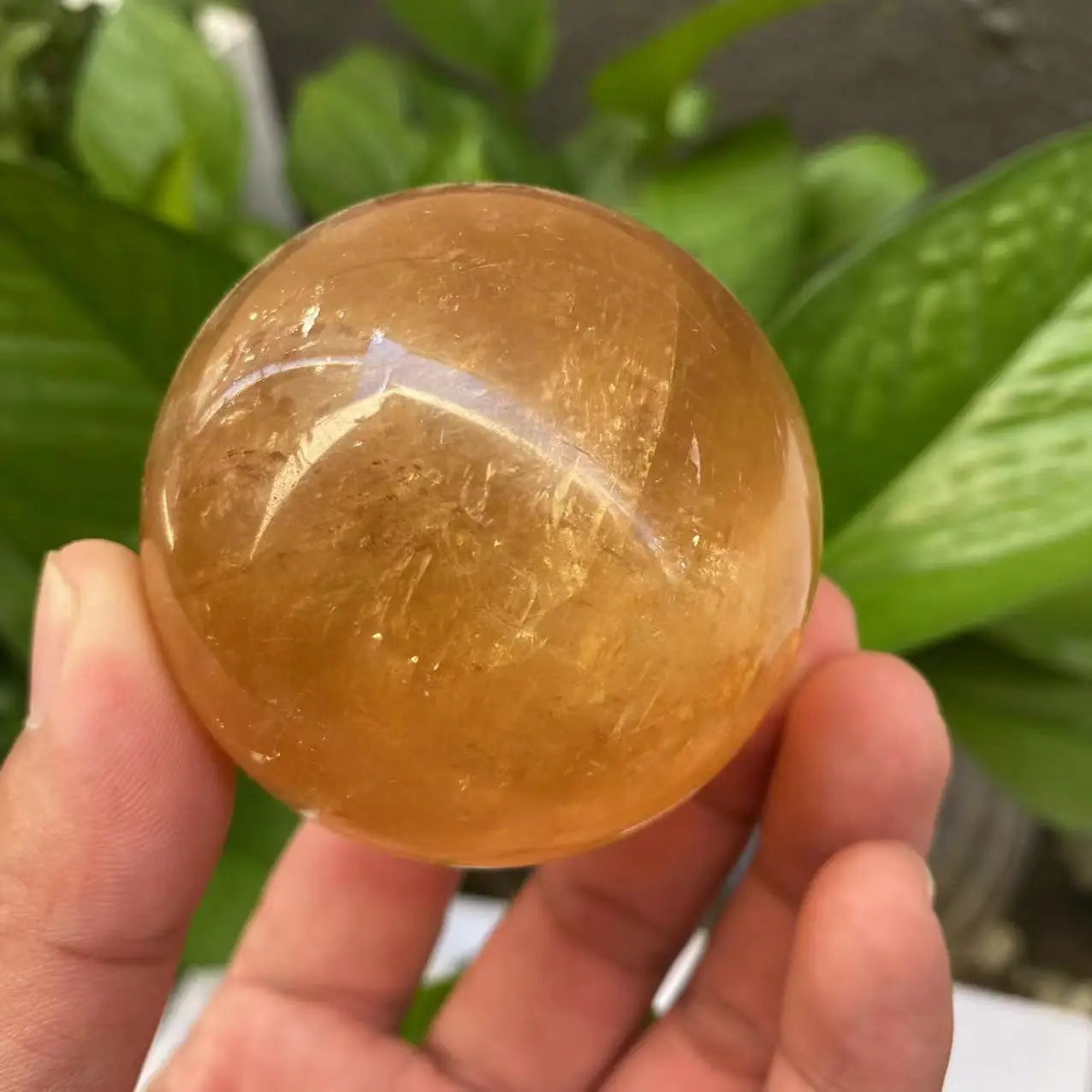 Natural Citrine Calcite Quartz Crystal Sphere — Healing Gemstone Ball with Wood Bracket