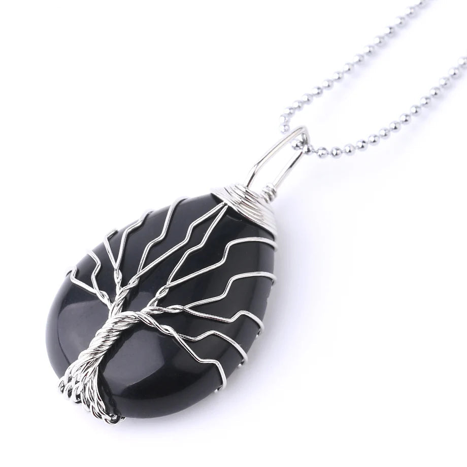 Tree of Life Crystal Necklace — Wire-Wrapped Natural Stone Pendant