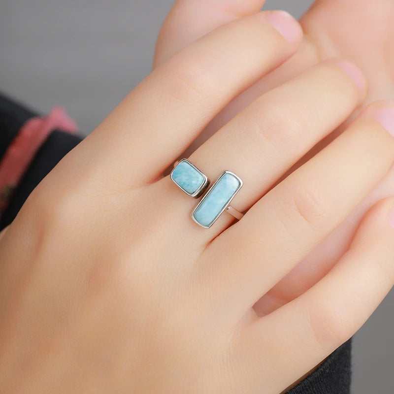 Double Bar Larimar Ring in 925 Sterling Silver