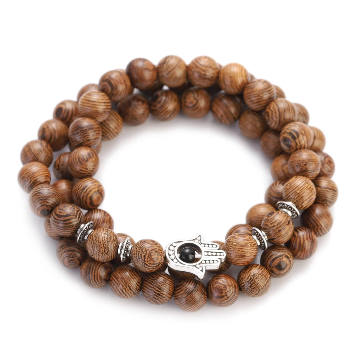 Wood Bead Buddha Om Lotus Charm Bracelet | Tibetan Mala Yoga Bracelet