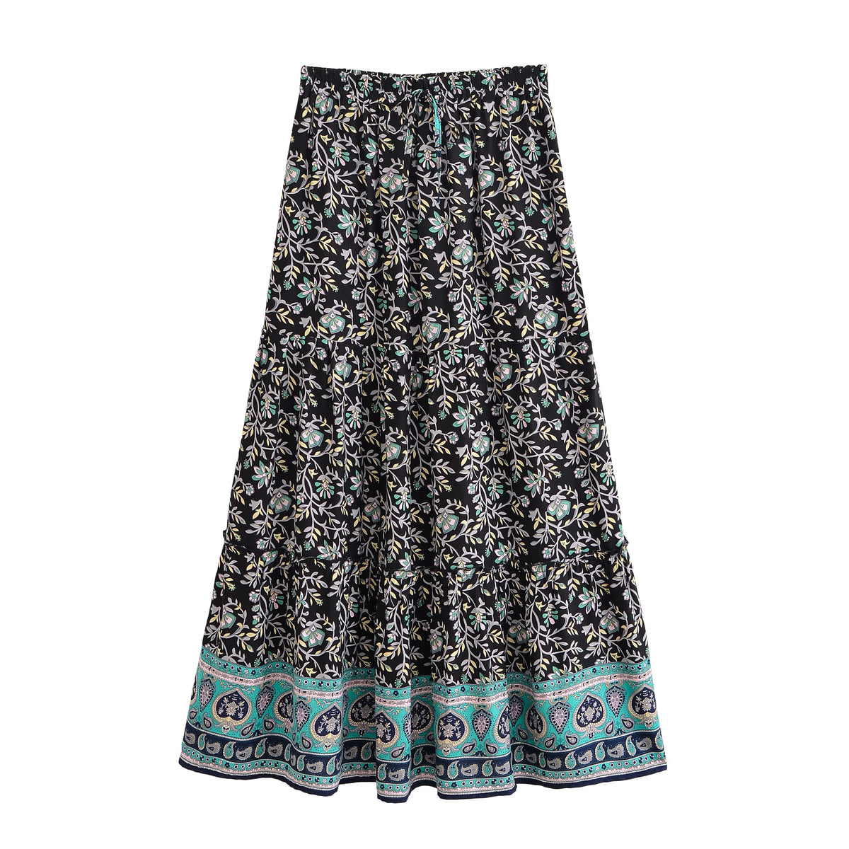 Boho Floral Pleated Maxi Skirt with Pockets