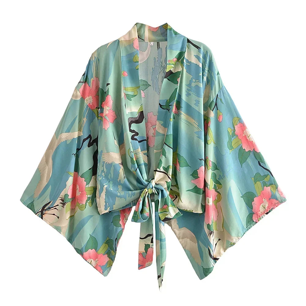 Boho Crane Floral Cropped Kimono