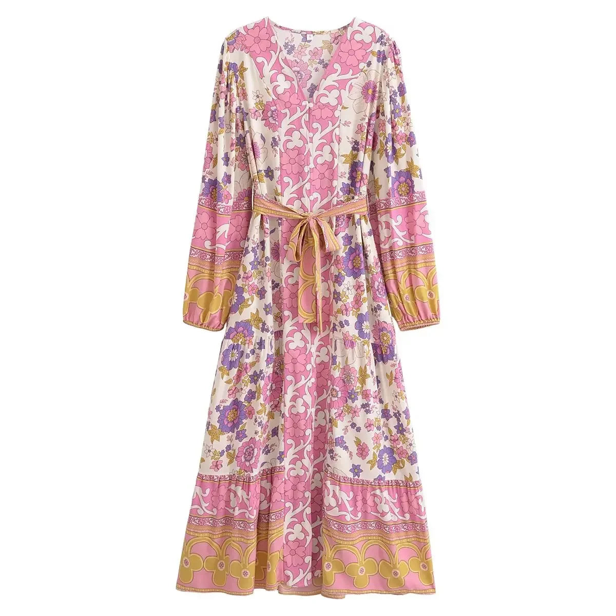 Floral Button-Front Lantern-Sleeve Boho Maxi Dress