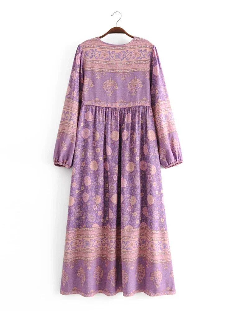 Bohemian Floral V-Neck Lantern-Sleeve Maxi Dress