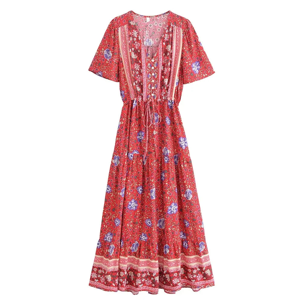 Wild Floral V-Neck Boho Maxi Dress