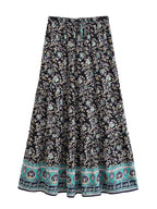 Boho Floral Pleated Maxi Skirt with Pockets