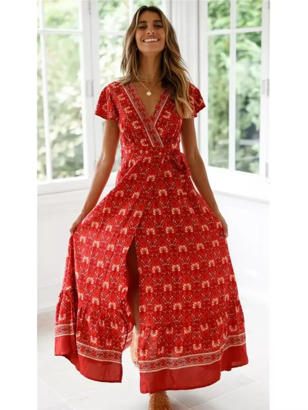 Floral Wrap Maxi Dress with Bow Tie