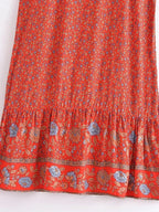 Floral Border Spaghetti Strap Boho Midi Dress