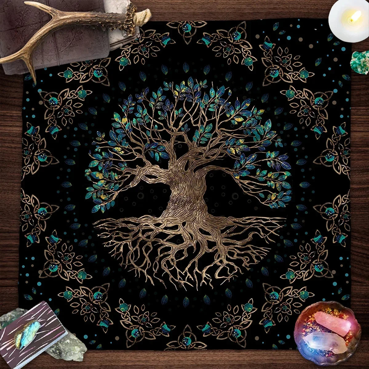 Tree of Life & Moon Phase Altar Cloth – Sacred Geometry Tarot Spread Mat