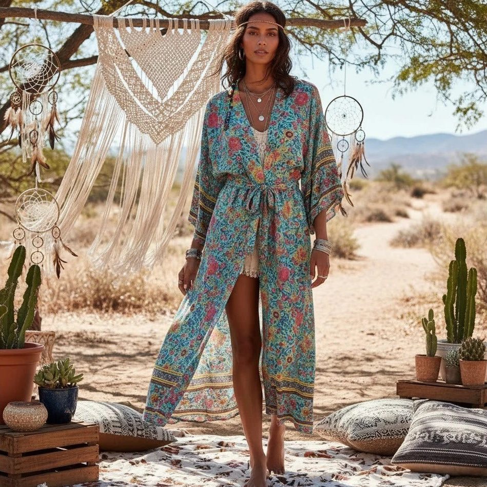 Peacock Floral Kimono Maxi Robe