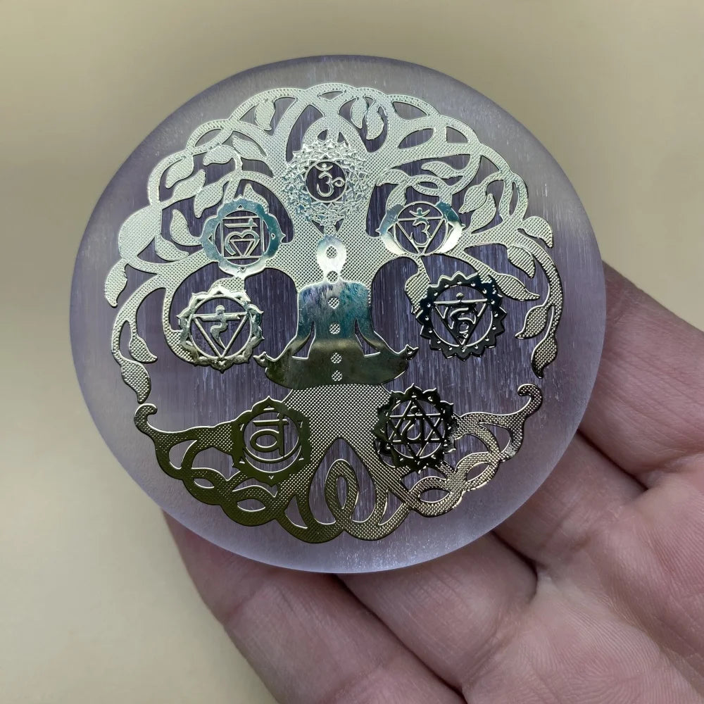 Engraved Selenite Charging Disc – Sacred Geometry Crystal Plate