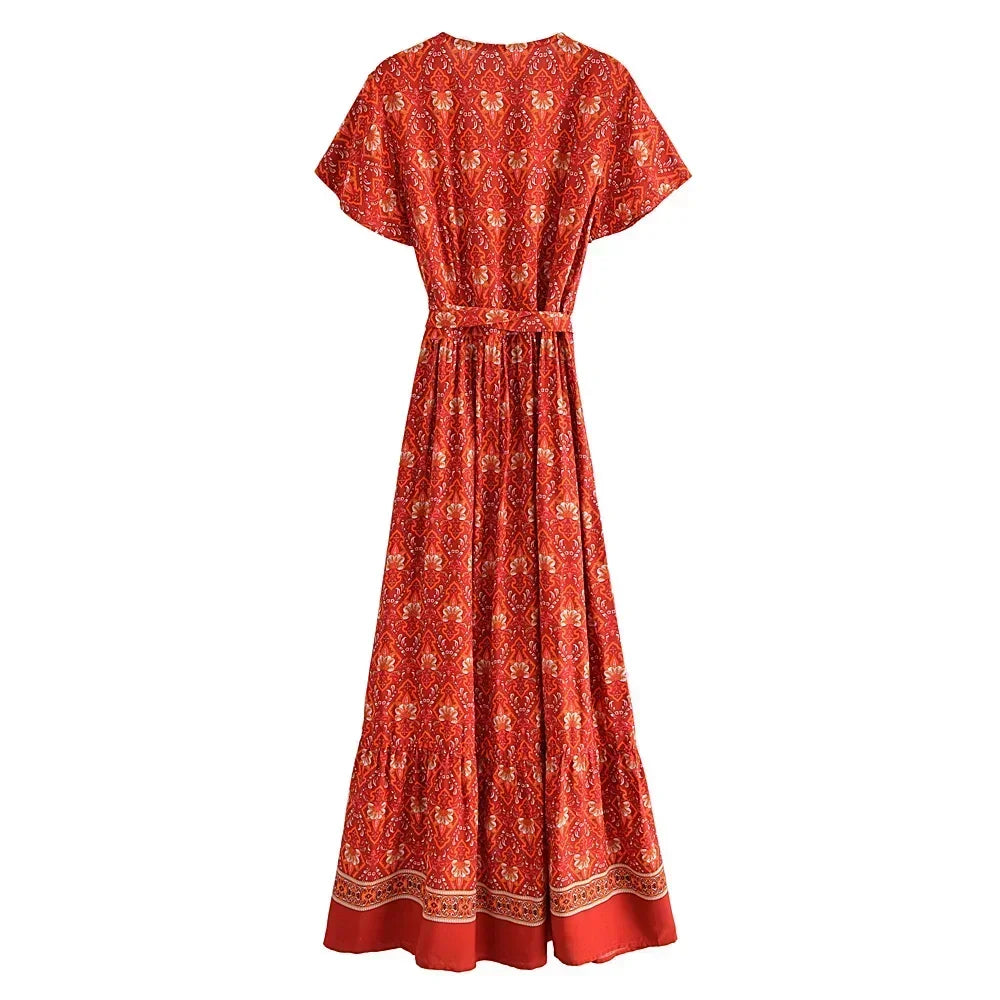 Floral Wrap Maxi Dress with Bow Tie