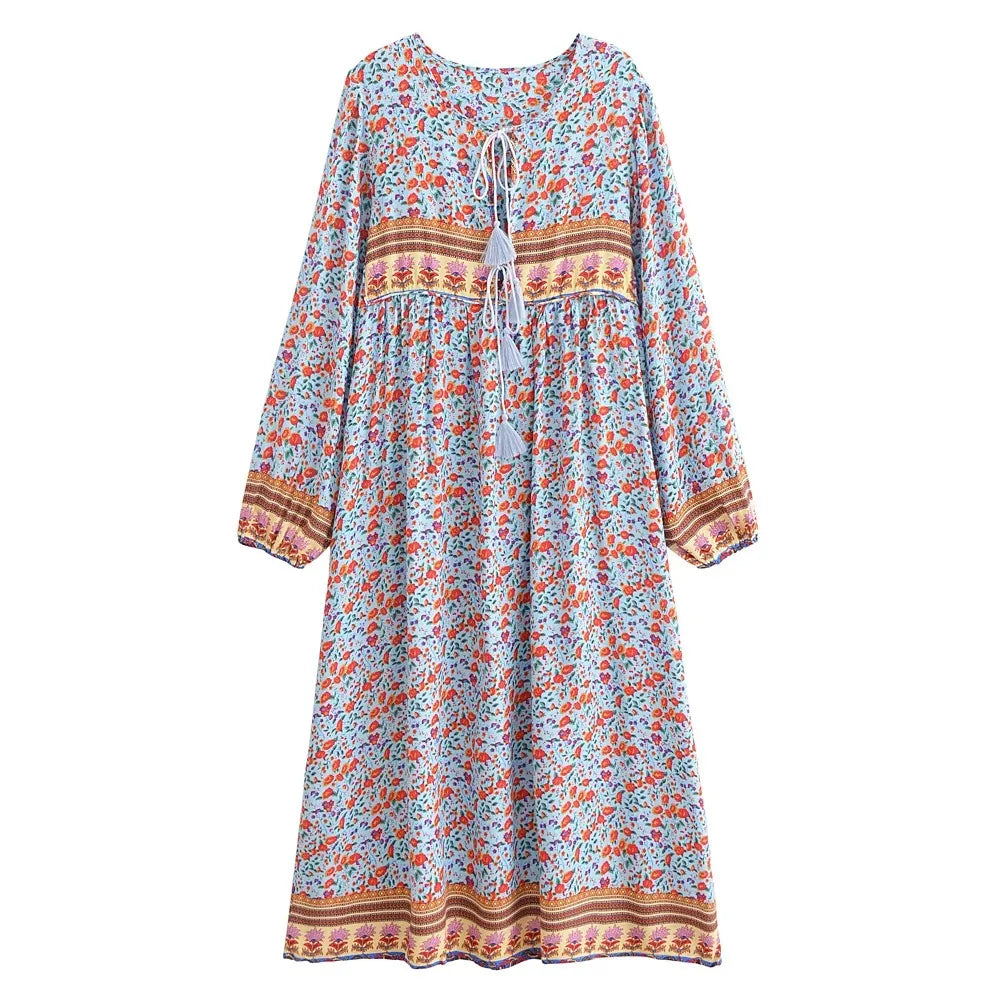 Boho Ethnic Floral Lantern Sleeve Maxi Dress