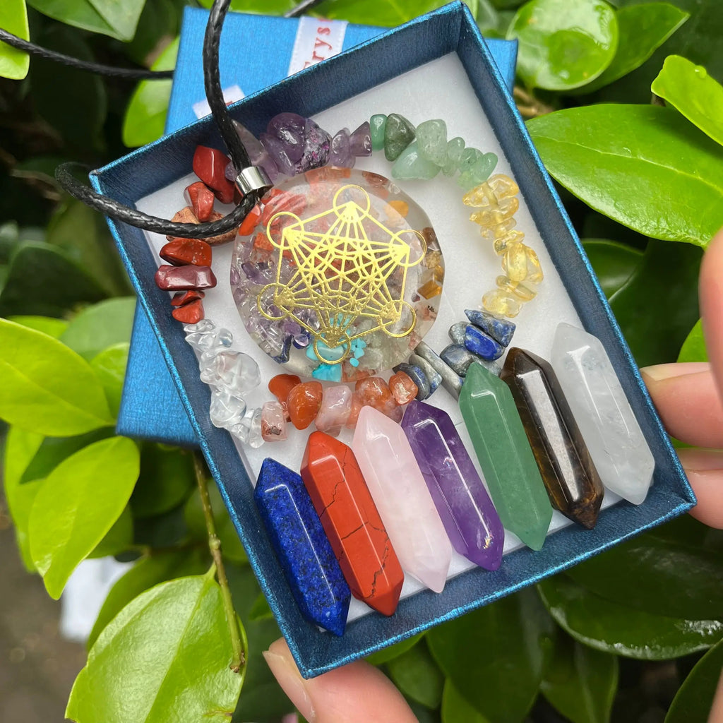9-Piece Pointed Crystal Chakra Healing Set | Hexagonal Gemstone Wands in Gift Box