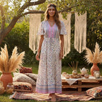 Boho Floral Button V-Neck Ruffle Sleeve Maxi Dress