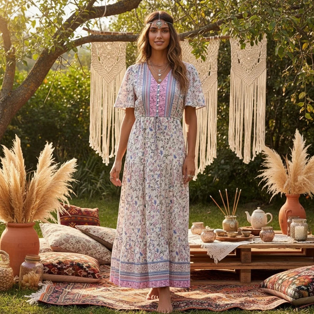 Boho Floral Button V-Neck Ruffle Sleeve Maxi Dress