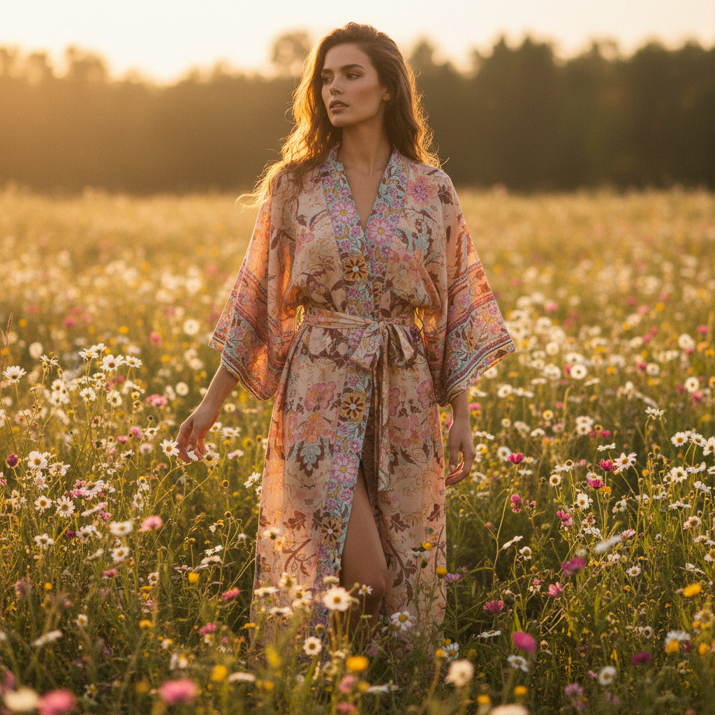 Floral Print Bat Sleeve Kimono Robe with Tassel Belt