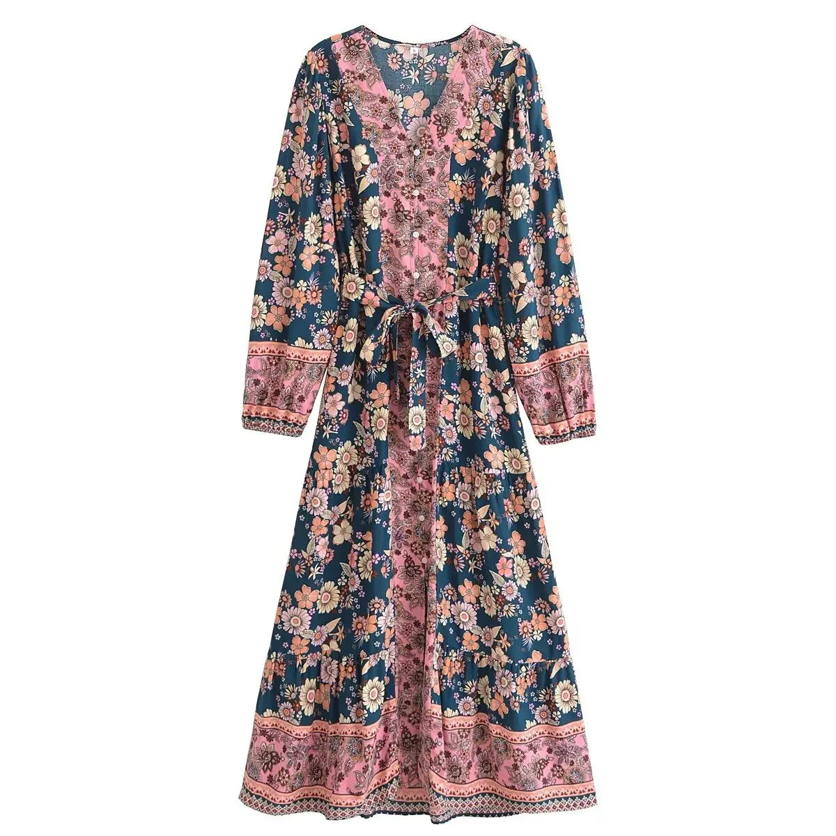 Floral Print Boho Maxi Dress – Long Sleeve Button Front