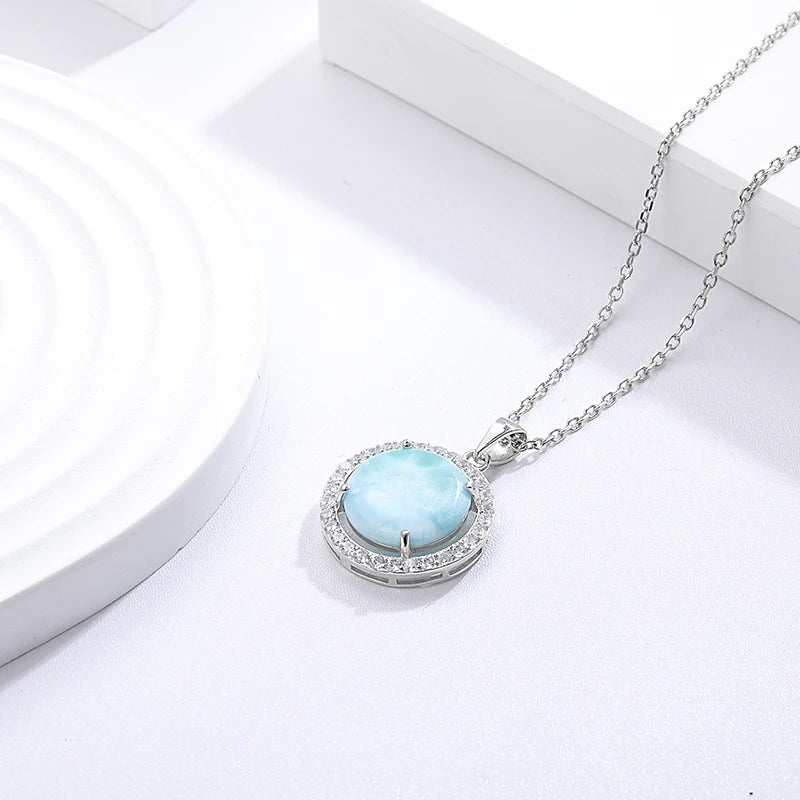 Larimar Halo Pendant Necklace in 925 Sterling Silver